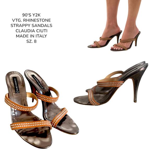 90'S Y2K VTG. CLAUDIA  CIUTI MADE IN ITALY RHINESTONE STRAPPY SANDALS HEELS SZ 8 - Picture 1 of 8